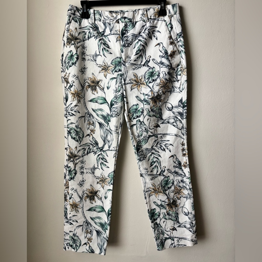 Zara Floral Print Chinos - Green and Brown on White NWOT